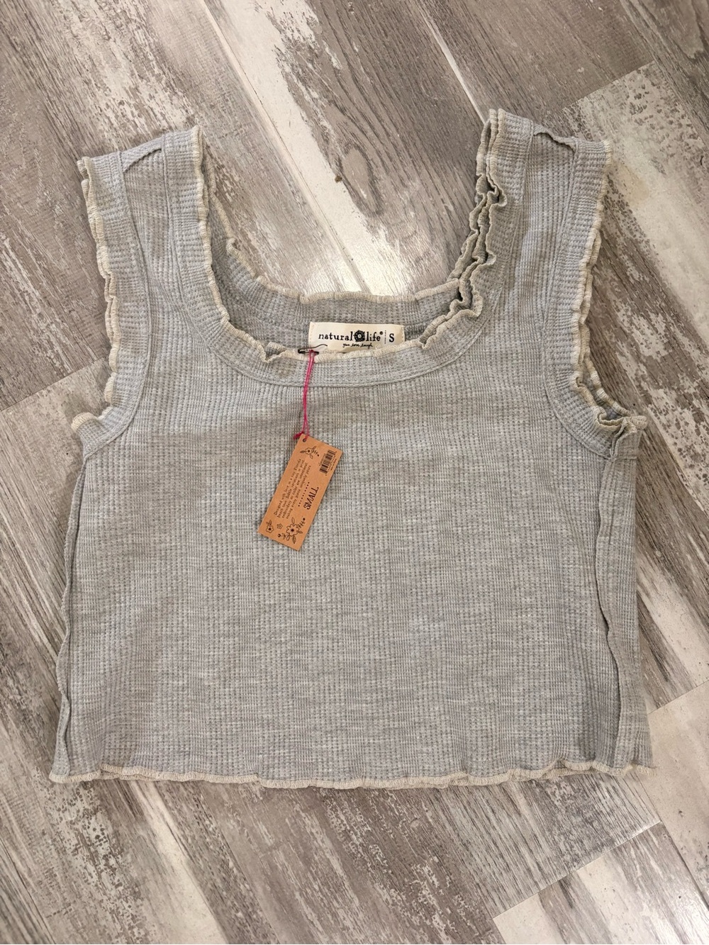 NATURAL LIFE Light Gray Ribbed Ruffle-Edge Tank